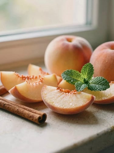 Close-up of fresh organic ingredients, sliced peaches, cinnamon sticks, and mint leaves on a stone counter, soft golden-hour window light, shallow depth of field, 35mm film