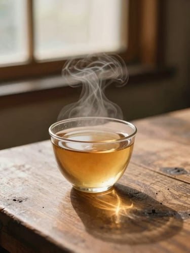 Warm editorial photography of a steaming cup of herbal tea on a rustic wooden table, soft golden-hour window light, organic earthy tones, shallow depth of field, 35mm film