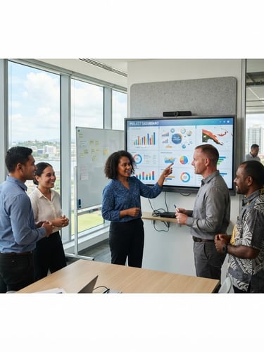 Bright, modern office environment in Port Moresby, Papua New Guinea, with local business professionals collaborating around a large screen, natural daylight streaming in.