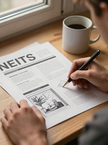 Over-the-shoulder view of a designer sketching a newsletter layout on warm-toned paper under soft window light, ceramic mug nearby.