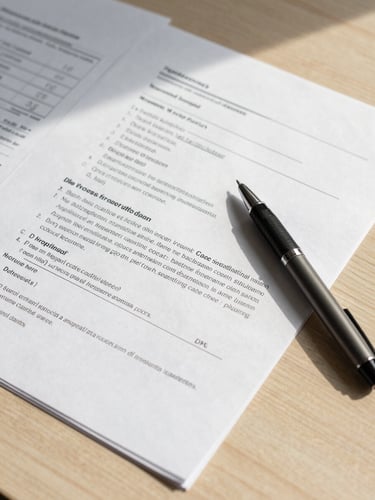 Close-up overhead of an organized legal case file on a pale wood desk, contract pages with handwritten margin calculations visible, a fine-tip pen resting diagonally, north-facing morning daylight casting soft even shadows