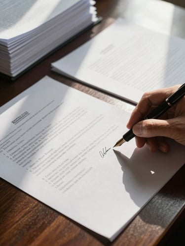 Close-up of legal contract pages spread across a dark oak desk, a hand resting on a signature line with a fountain pen, north-facing window light casting sharp shadows across printed clauses, organized case files visible in the upper left corner