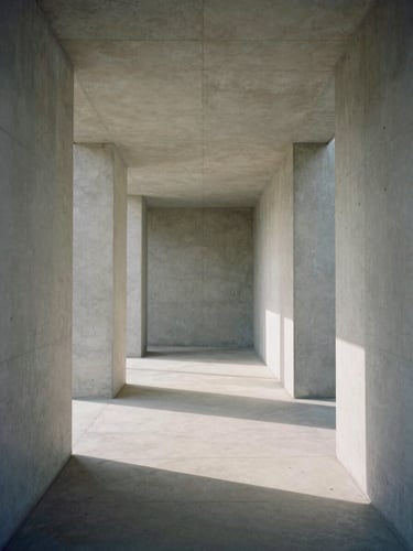 Symmetrical straight-on shot of a minimalist concrete corridor, soft morning daylight casting long geometric shadows on the floor, Hasselblad medium format, muted neutral tones.
