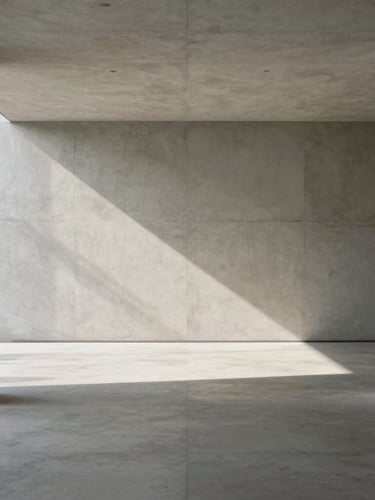 A minimalist modern concrete interior, straight-on symmetrical framing, soft afternoon sun casting sharp geometric shadows on the floor, Hasselblad medium format.