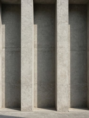 Symmetrical straight-on shot of raw concrete architectural columns, sharp geometric shadows cast by late afternoon sun, minimalist structural rhythm, Hasselblad medium format style.
