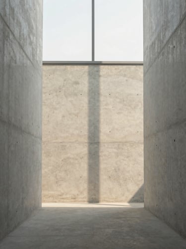Symmetrical straight-on shot of a raw concrete wall, soft morning light casting long geometric shadows from a high window, minimalist architectural detail, medium format.