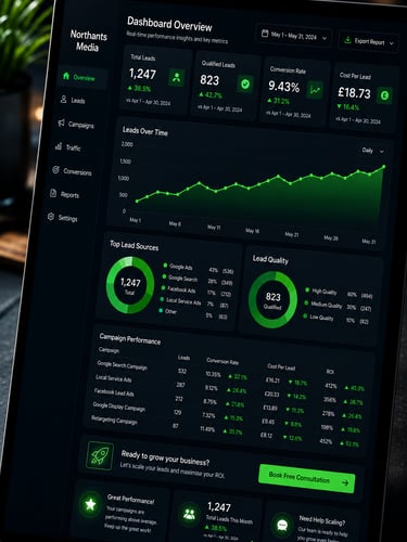 Marketing analytics dashboard on a laptop screen showing lead performance, conversion rates, and ROI data.