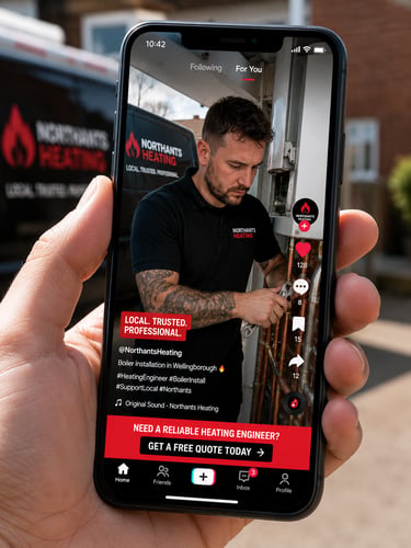 A heating engineer performing a boiler installation in Wellingborough shown on a smartphone social media app.