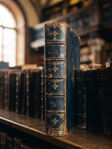 Dignified close-up of a vintage legal volume in a library, warm natural window light, deep navy and gold tones, shallow depth of field