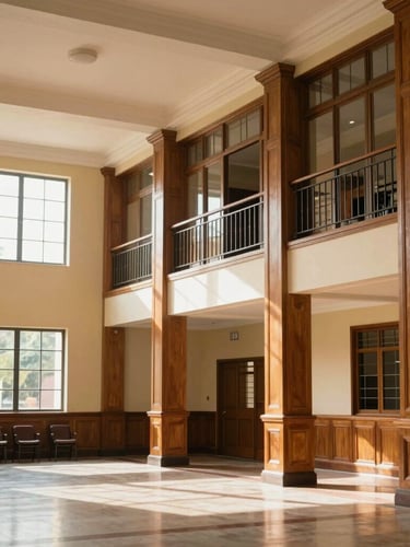 Wide environmental shot of an academic hall in Valledupar, soft natural window light, elegant wooden details, warm editorial photography