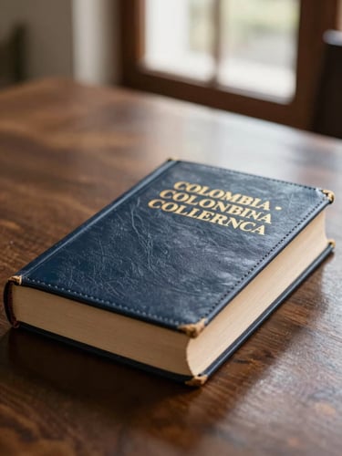 Dignified close-up of a vintage leather-bound Colombian constitutional law book on a dark wooden desk, warm natural window light, shallow depth of field
