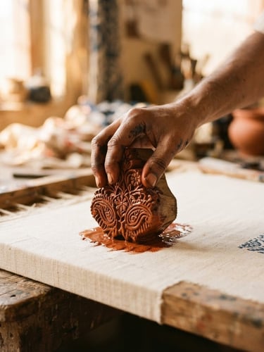 Close-up of an artisan's hand pressing a hand-carved wooden block dripping with rich terracotta dye onto stretched organic cotton fabric, warm golden-hour side-window daylight, shallow depth of field, 35mm