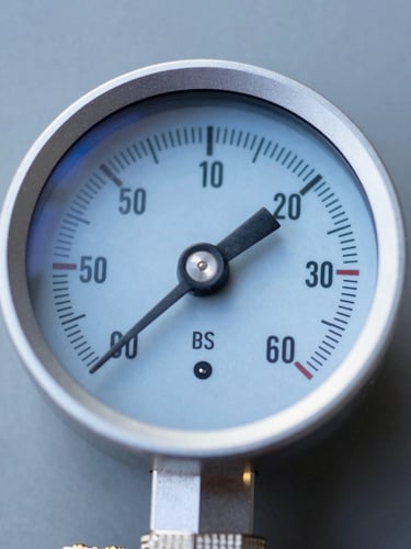 Macro shot of a digital manifold gauge showing precise pressure readings, crisp blue backlight, cool slate gray background, sharp focus