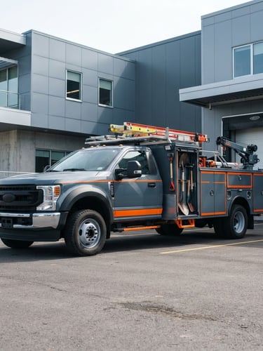 Sharp industrial photography of a 4CORE branded service truck parked outside a technical facility, crisp natural daylight, cool slate tones with high-visibility orange accents, clear depth of field