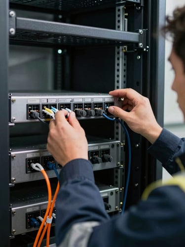 A technician in safety gear mounting an enterprise switch into a heavy-duty black server rack.