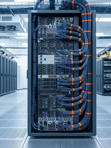 Sharp industrial photography of an immaculate server rack inside a modern data center, clean cable management with orange ties, cool slate tones, sharp depth of field