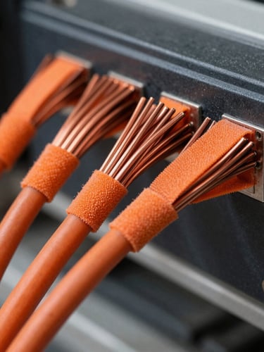 Close-up of structured copper cabling bundles, perfectly combed and tied with orange velcro, mounted on a black patch panel.