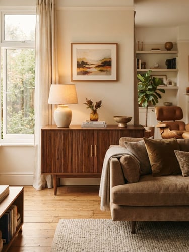 A sunlit modern residential living room with a premium mid-century walnut credenza and a plush sofa, warm amber tones, soft window light, editorial photography.