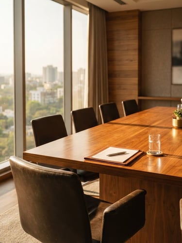 Warm editorial photography of a modern corporate boardroom in Pune, sunlight streaming across a polished teak conference table, minimalist leather chairs, clean professional aesthetic, shallow depth of field.