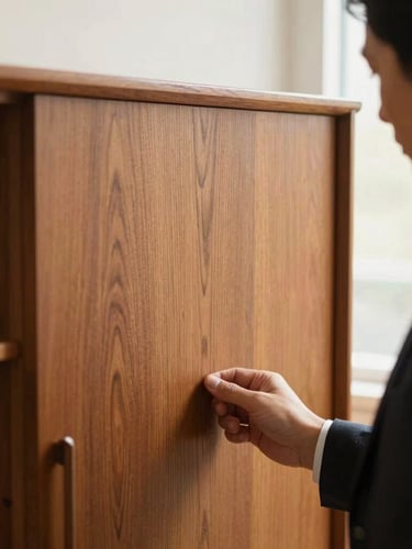 A professional appraiser in neat attire examining the fine wood grain of a mid-century modern cabinet, warm natural window lighting, shallow depth of field