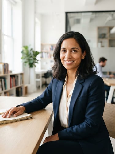 Authentic portrait of a professional woman (author) in natural daylight, looking confident and approachable, slightly off-center to the right, against a bright minimalist workspace background, crisp focus, 35mm