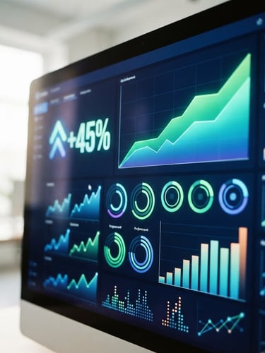 Close-up of a vibrant analytics dashboard showing growth metrics, clean UI, natural daylight, crisp focus, 35mm