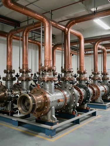 Wide-angle portrait shot of pristine commercial mechanical room, clean runs of copper piping and organized manifolds, bright neutral warehouse daylight, high-clarity details.