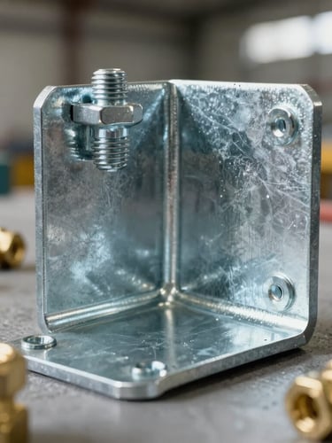Macro studio photograph of heavy-duty galvanized steel mounting brackets and brass fittings, clean warehouse daylight, sharp focus on structural bolts.