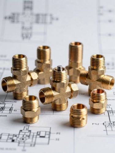 Macro studio shot of heavy-duty brass valves and threaded copper fittings arranged neatly on a blueprint background, bright neutral lighting.