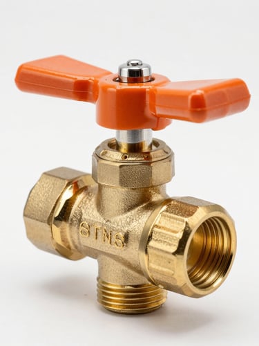 Macro studio shot of heavy-duty brass ball valve with orange handle, clean metallic threads, bright studio lighting