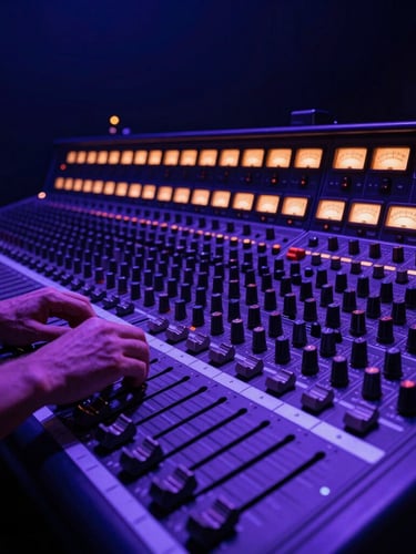 Low-angle close-up of a producer's hands adjusting faders on a massive analog mixing console with warm incandescent meter glows, deep navy shadows.