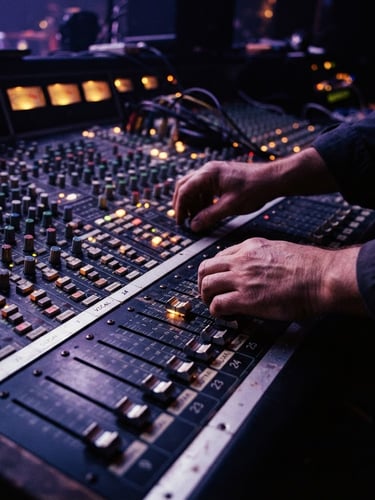 Low-angle close-up of hands adjusting faders on a large analog mixing console, warm incandescent studio glow, deep shadows, high-contrast