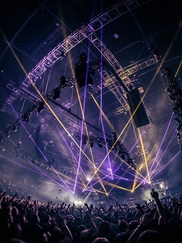 Low-angle heroic shot of a massive concert stage rigging with intense electric violet and molten gold lasers cutting through deep shadows, wide-angle dramatic lens