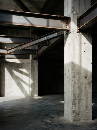 minimalist architectural photography, raw concrete columns and steel beams structure, sharp natural light, deep shadows, high contrast, 35mm
