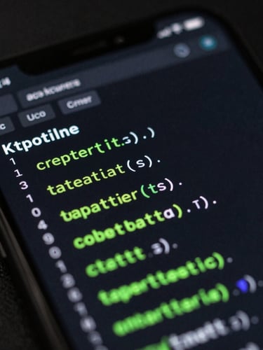 Extreme close-up macro shot of a modern Android smartphone screen displaying a dark IDE terminal window with clean Kotlin code, neon green syntax highlighting, screen-lit atmosphere, dark background.