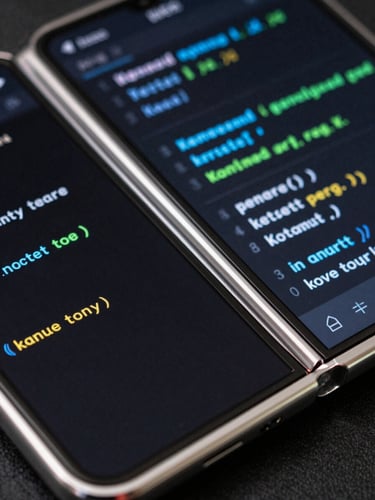 Extreme close-up of a modern Android foldable screen displaying a dark mode IDE with glowing Kotlin syntax highlighting, electric blue and neon green accents reflecting on the device edge.