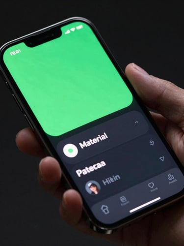 Close-up of a Pixel device held in hand, displaying a sleek Material Design dark mode interface with vibrant green accents, screen-lit fingers, dark studio background