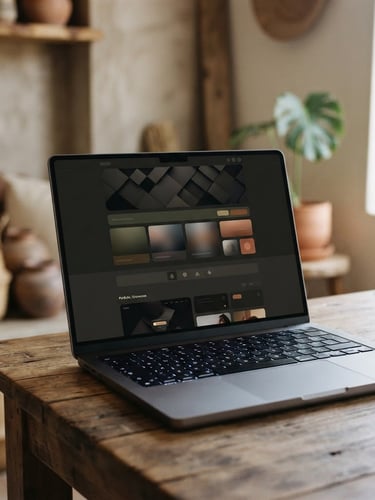 High-fidelity website mockup on a modern laptop, screen displaying a clean, dark-mode design, in a warm-lit South African studio environment, natural side-light, shallow depth of field, 35mm.
