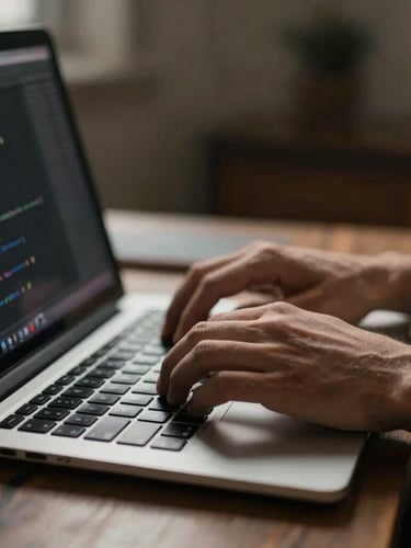 Close-up of a web developer's hands optimizing code on a laptop, warm natural side-light, dark studio environment, shallow depth of field, 35mm.