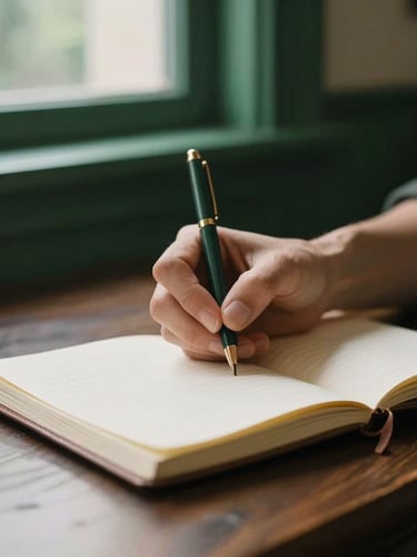 Close-up of hands writing in a classic leather notebook on a dark wooden table, soft side window light, deep forest green tones, warm academic atmosphere