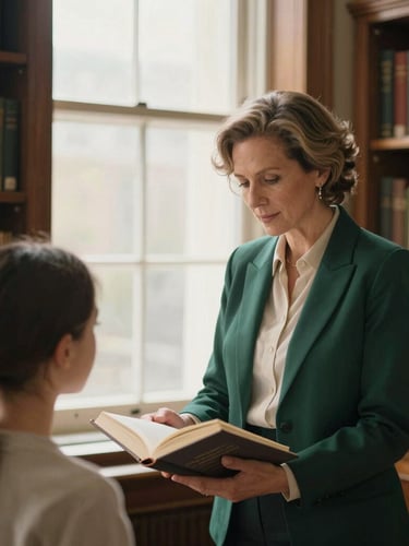 Candid portrait of an elegant mentor guiding a student in a quiet library with warm window light, classic wooden bookshelves, focus on hands holding a book, soft editorial tones