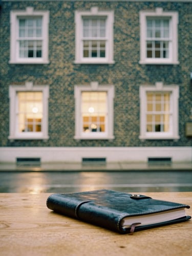 Classic brick facade of an elite global university campus in London, warm window light reflecting on wet pavement, leather notebook on a wooden table in foreground, soft editorial 35mm film aesthetic