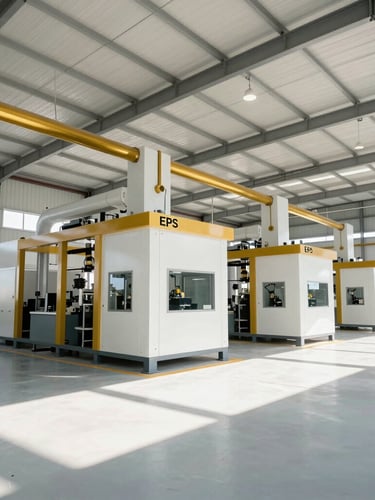 Wide-angle architectural interior of a modern EPS manufacturing facility in Guyana, clean industrial machinery, bright daylight, high contrast shadows