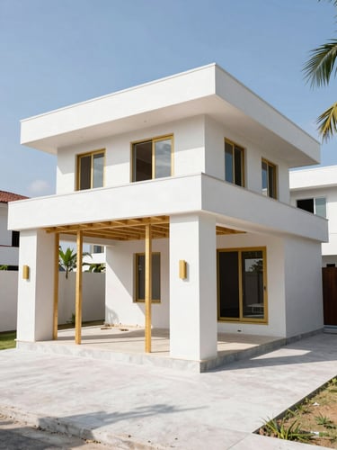 Wide-angle architectural shot of a modern residential home under construction in Guyana, structural 3D panels erected with precise bracing, bright tropical daylight, 35mm