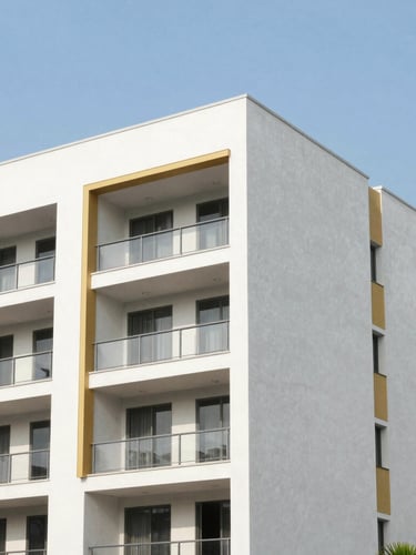 Crisp architectural photography of a modern 3D panel residential development under bright tropical Guyana daylight, clean structural lines, 35mm