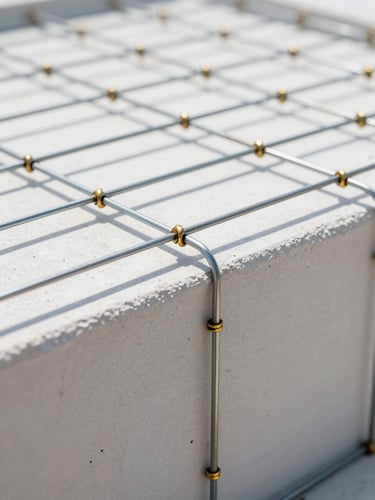 Crisp close-up of high-tensile galvanized steel wire mesh being welded onto an EPS core, bright industrial sparks, clean structural details, 35mm