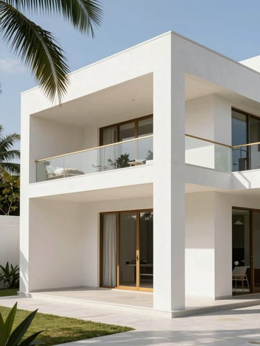 Architectural photography of a completed modern luxury villa in Guyana, clean white concrete walls, minimalist structural lines, bright tropical daylight, 35mm