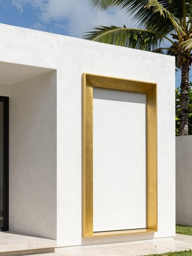 High-contrast architectural shot of a modern villa in Guyana built with 3D panels, bright tropical daylight, clean white concrete finish with premium gold accents