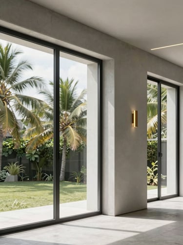 Interior architectural shot of a modern minimalist Guyanese home, cool interior climate, soft tropical daylight through large windows, clean concrete details, 35mm