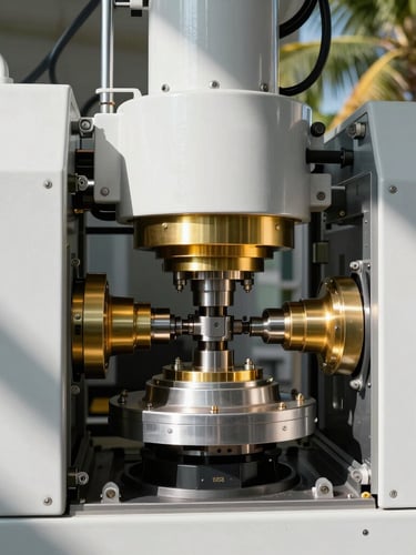 Close-up of EPS core manufacturing machinery inside a Georgetown facility, high-contrast industrial lighting, 35mm